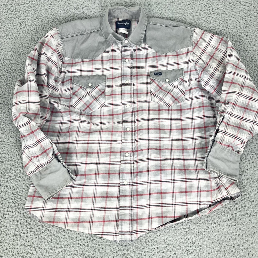 Wrangler Brush Popper Shirt‎ Mens Large Gray Plaid Western Pearl Snap Cowboy